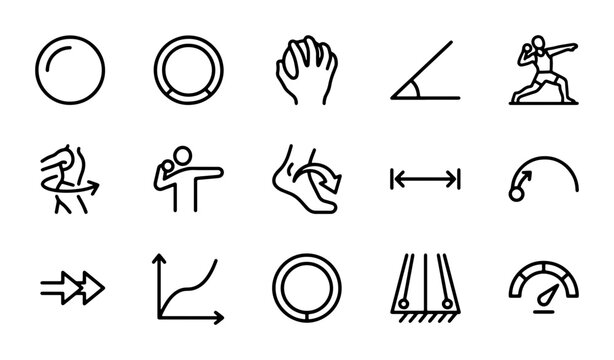 Sports Icons Set: Shot Put, Angle, Speedometer, Graph, Pendulum, Athletes, Physics Concepts