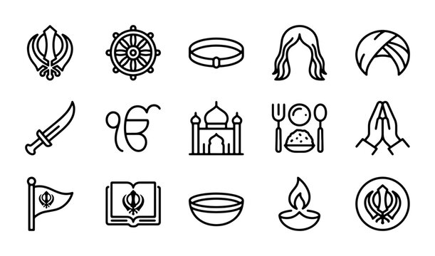 Sikhism Icons Collection: Khanda, Kirpan, Turban, Gurdwara, Prayer Hands, 15 Vector Elements