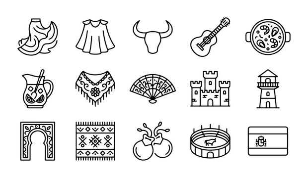 Spanish Culture Icons: 15 Vector Elements for Travel, Food, and Tradition
