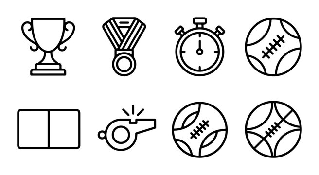 Sports Icons Set: Trophy, Medal, Stopwatch, Whistle, Balls, Field Markers