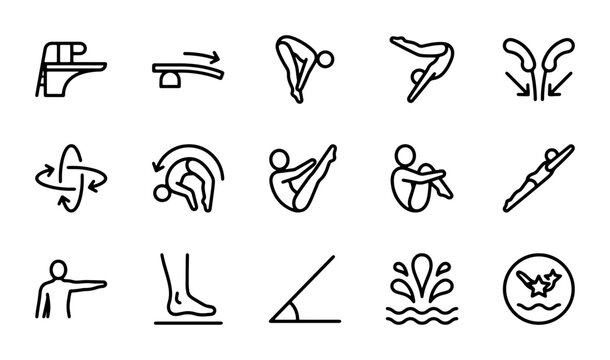 Diving Icons Set, Aquatic Sports Pictograms, Olympic Swimming Pool Actions, Water Jump Figures