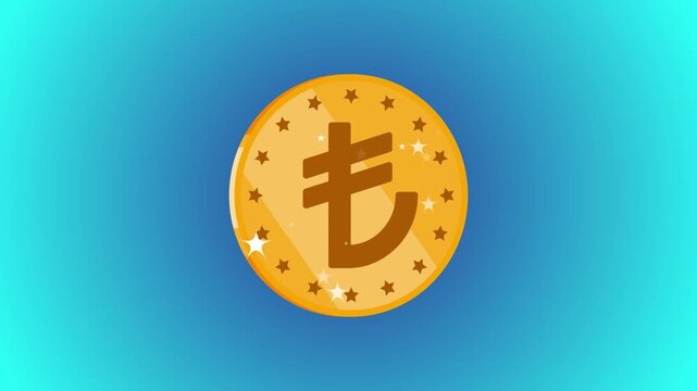 A single gold Bitcoin cryptocurrency coin viewed from the side with a subtle star pattern on its surface against a bright blue gradient background