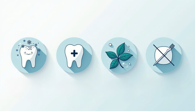 Cute tooth icons show healthy enamel, mint leaf, and no toothbrush symbol. Gentle oral hygiene for teeth and gums. Natural fresh clean sensation.