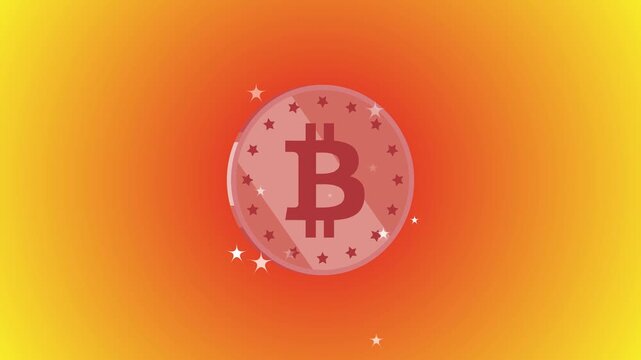 A single red Bitcoin cryptocurrency coin viewed from the side with a subtle star pattern on its surface against a bright orange gradient background