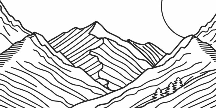 Mountain range illustration with cross hatching and line work on a white background