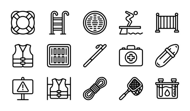 Swimming Pool Safety Icons Set, Water Recreation Equipment, Lifeguard Gear, Vector Graphics