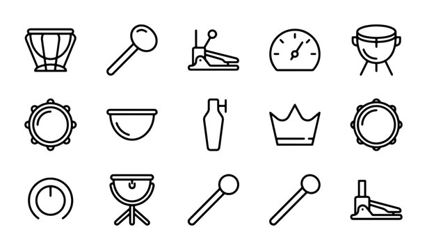 Percussion Instrument Icons Set, Musical Drum Kit Elements, Rhythm Beat Symbols, Vector Graphics