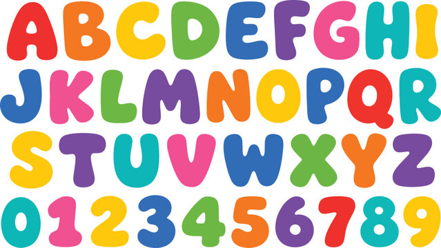Vibrant rainbow colors for alphabet letters and numbers set on transparent background.