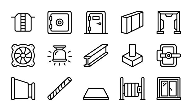 Construction and Industry Icons: Building Materials, Security, and Tools Vector Set