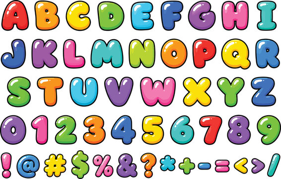 Colorful bubble font capital letters and numbers with special symbols on transparent background, playful alphabet vector set.