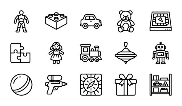 Vector Toy Icons Set: Playful Childhood Objects, Playtime Fun, Kids Entertainment Graphics