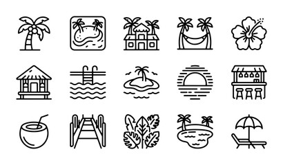 Tropical Island Icons Set: Beach, Palm Trees, Resort, Vacation, Summer Holiday Vector Graphics © Kabirul