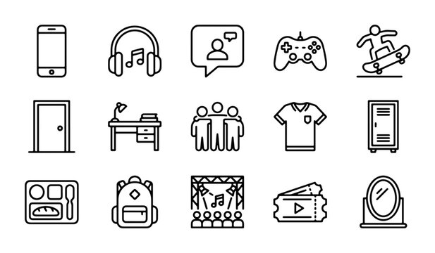 Modern Youth Lifestyle Icons, 15 Vector Elements for Social Media, Gaming, and Education