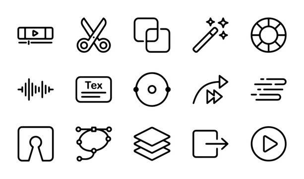 Video Editing Icons Set, Digital Media Tools, Creative Software Symbols, Vector Graphics Collection