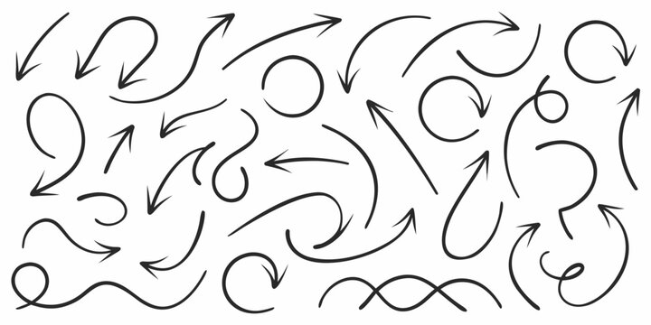 hand drawn ink arrows in looping curves varied shapes on a white background
