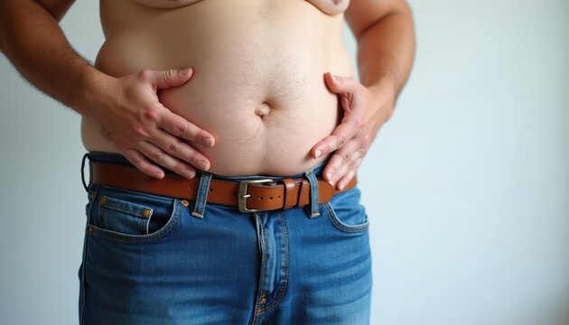 Person with excess body fat on stomach holds belly. Overweight man wears blue jeans and brown belt. Abdomen bulge is visible. Concern about weight.