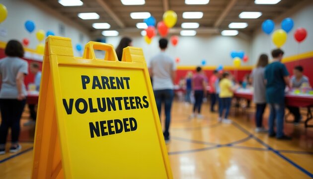 Yellow sign requests parent volunteers at school gym event with people and balloons. Sign promotes community support for education and activities.