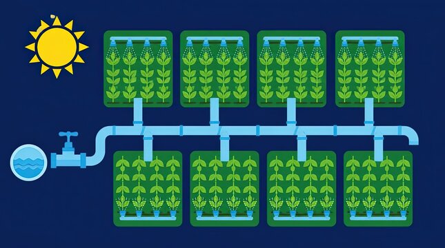 A stylized flat design layout of automated irrigation pipes watering green crops in a structured garden setting with a sun icon in a wide cinematic horizontal format representing modern farming.