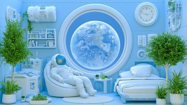 White futuristic living room with round window