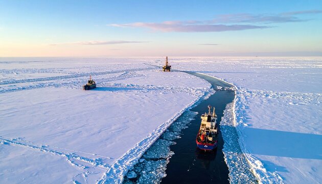 Aerial view of an icebreaker ship carving a path through thick Arctic ice towards an offshore oil rig under a sunset sky. Perfect for industrial, energy, and winter shipping concepts.
