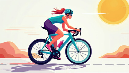 Naklejka premium Fit woman on road bike, wearing helmet and glasses, rides fast. She pedals hard, drinks water, and has ponytail flowing in warm sun. Active lifestyle, training, competition.