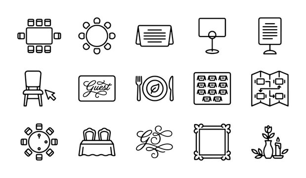 Event Planning Icons: Seating, Tables, Place Cards, Signage, Floor Plans, Vector Graphics