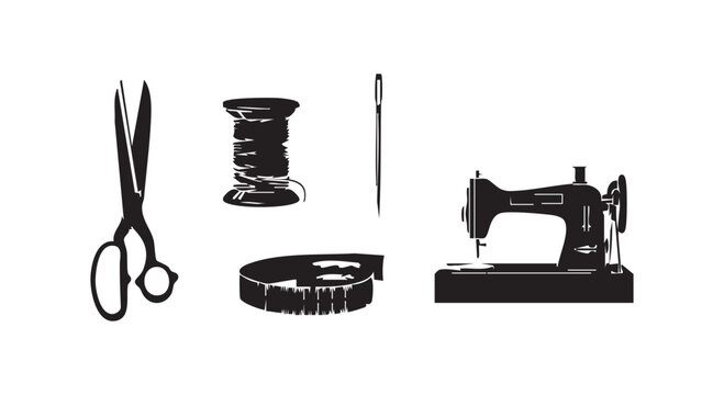 Set of sewing icons with scissors thread spool needle tape measure and old vintage sewing machine isolated on white.