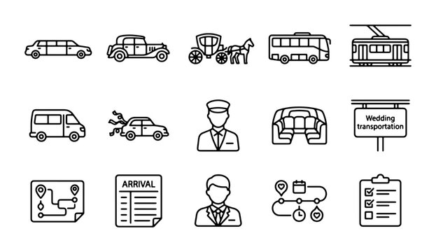 Wedding Transportation Icons: Limousine, Vintage Car, Carriage, Bus, Tram, Van, Chauffeur, Arrival, Map, Checklist