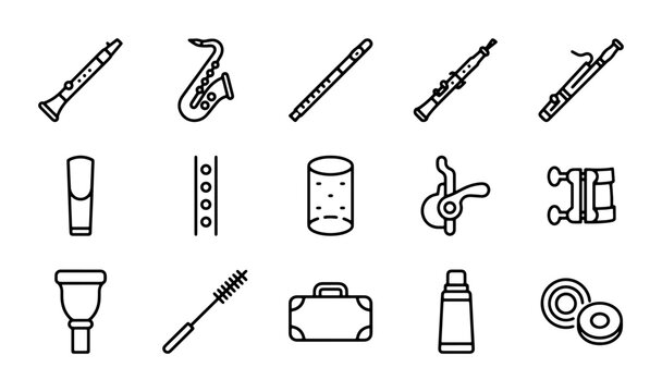 Woodwind and Brass Musical Instruments Icons, Vector Set for Music Education and Performance