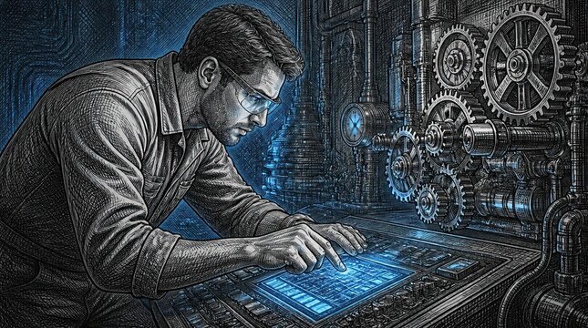 An industrial technician leans over a complex control panel in this detailed graphite cross hatching illustration, featuring intricate mechanical gears and glowing digital interfaces in widescreen.