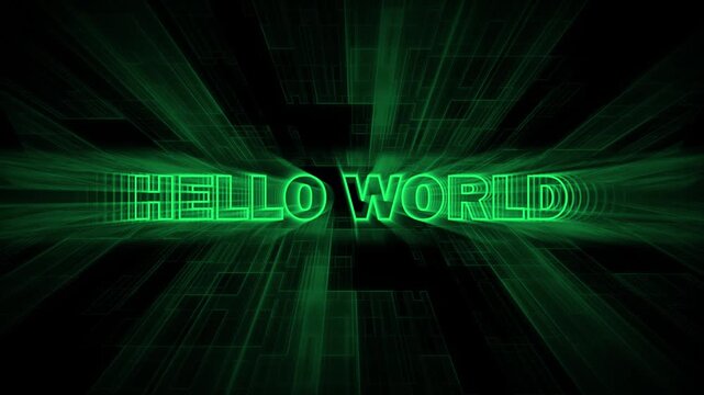 Glowing Green Neon HELOWORLD Text Against Futuristic Digital Grid Background