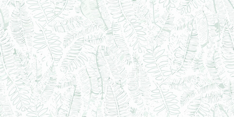 Obraz premium Seamless repeating pattern of soft mint green tropical fern leaf illustrations on white background