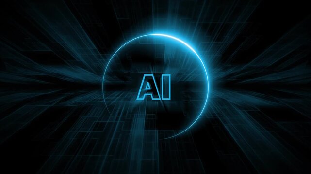 Futuristic Neon Blue AI Logo with Digital Grid Background artificial intelligence