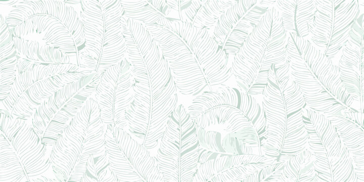 Seamless repeating pattern of delicate mint green tropical banana leaves on a white background