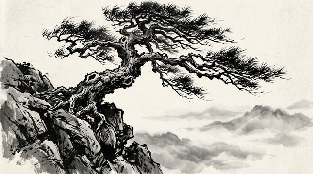 Japanese pine tree on rock mountain ridge in traditional sumi e ink wash painting style
