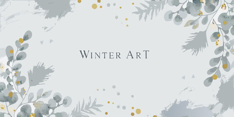 watercolor eucalyptus branches with gold accents on a pale gray background © Sanjit