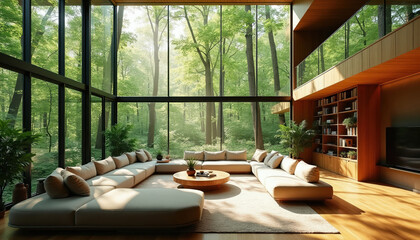 Fototapeta premium Spacious modern living room with floor to ceiling windows overlooking rich green forest. Large sectional sofa, wooden furniture create warm, inviting atmosphere. Natural light floods interior,