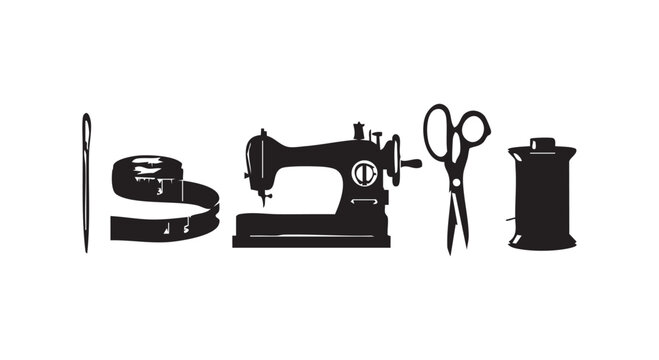 Sewing craft icons including needle, tape measure, sewing machine, scissors, and thread spool in silhouette design.