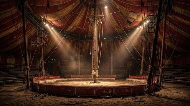 Vintage empty circus arena inside old big top tent with spotlights background