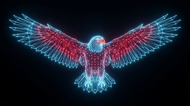 Glowing digital eagle with red and blue geometric network