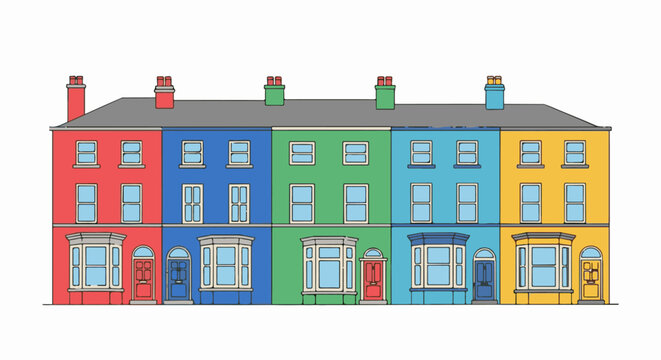 Colorful row of identical houses with varying colored facades and windows