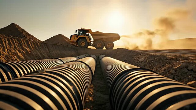 Industrial pipes in a trench with a heavy-duty dump truck at a construction site. Machinery working on an infrastructure project during sunset. Engineering and industrial development concept.