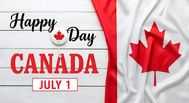 Happy Canada Day celebration with red maple leaf flag and festive banner on wooden background