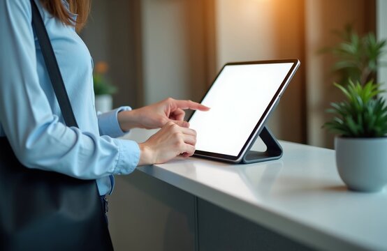 Person uses digital tablet on reception counter. Fingers touch blank white screen for interaction. Modern tech device for business hospitality and guest registration.