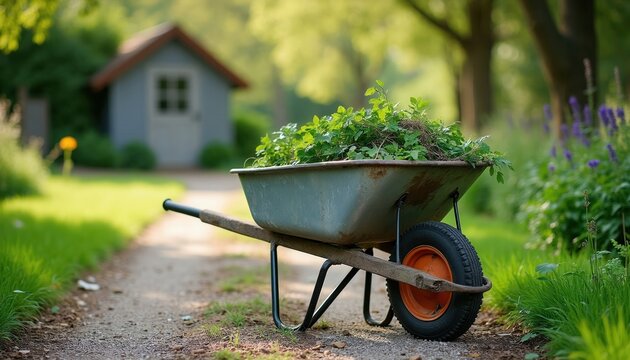 Wheelbarrow full of green garden waste rests on gravel path. Backyard shed and trees in background. Fresh plants suggests spring cleanup work.