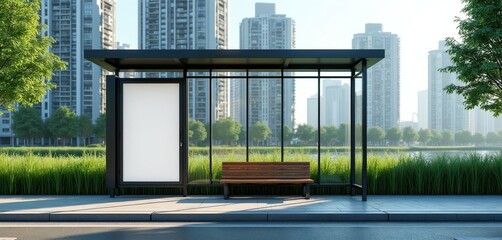 Fototapeta premium Bus stop shelter with blank ad space and bench offers urban transit stop for commuters. Tall buildings rise behind green grass and trees in city.