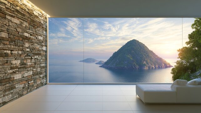 Minimal luxury living room overlooking volcanic island