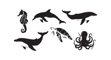 Obraz premium Underwater sea creatures silhouettes set including ocean mammals fish and marine life isolated on plain white board.