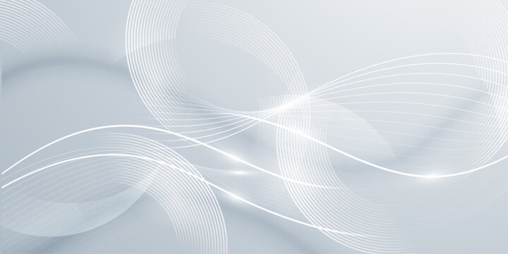 Abstract white flowing line waves on soft gray background, futuristic technology pattern banner design for modern corporate presentations.