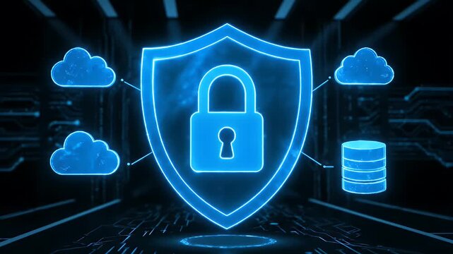 Glowing blue shield with padlock icon representing digital cloud data security tech
